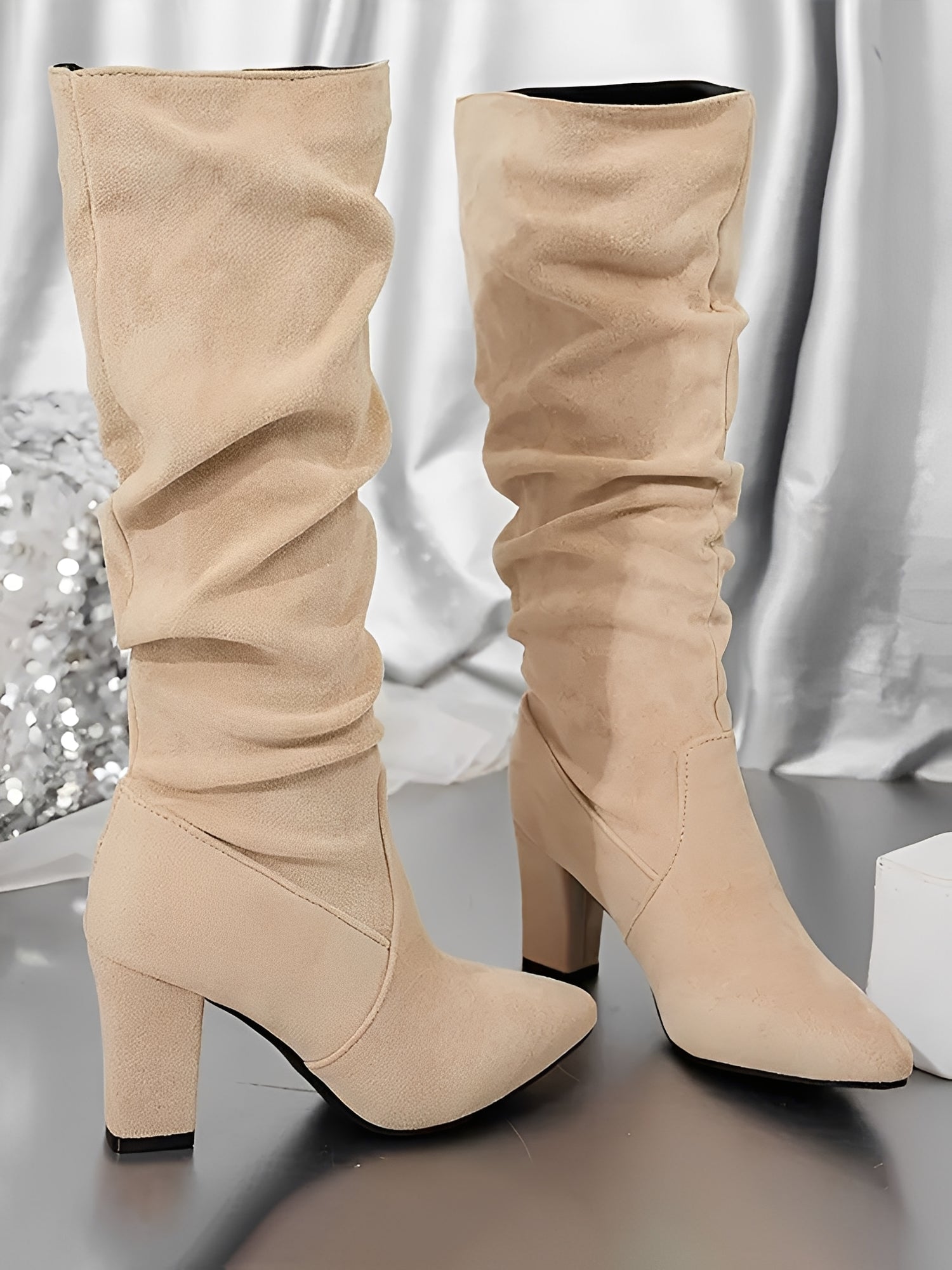 Women’s Slouch Knee-High Block Heel Boots with Side Zip and Rounded Toe