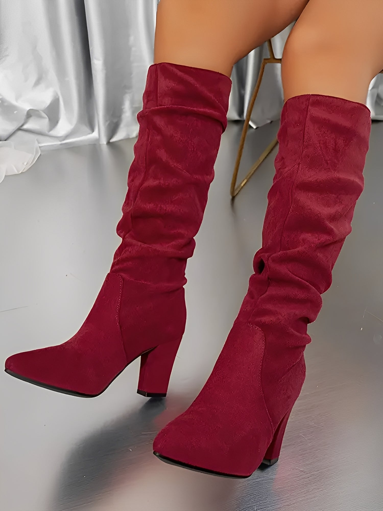 Women’s Slouch Knee-High Block Heel Boots with Side Zip and Rounded Toe