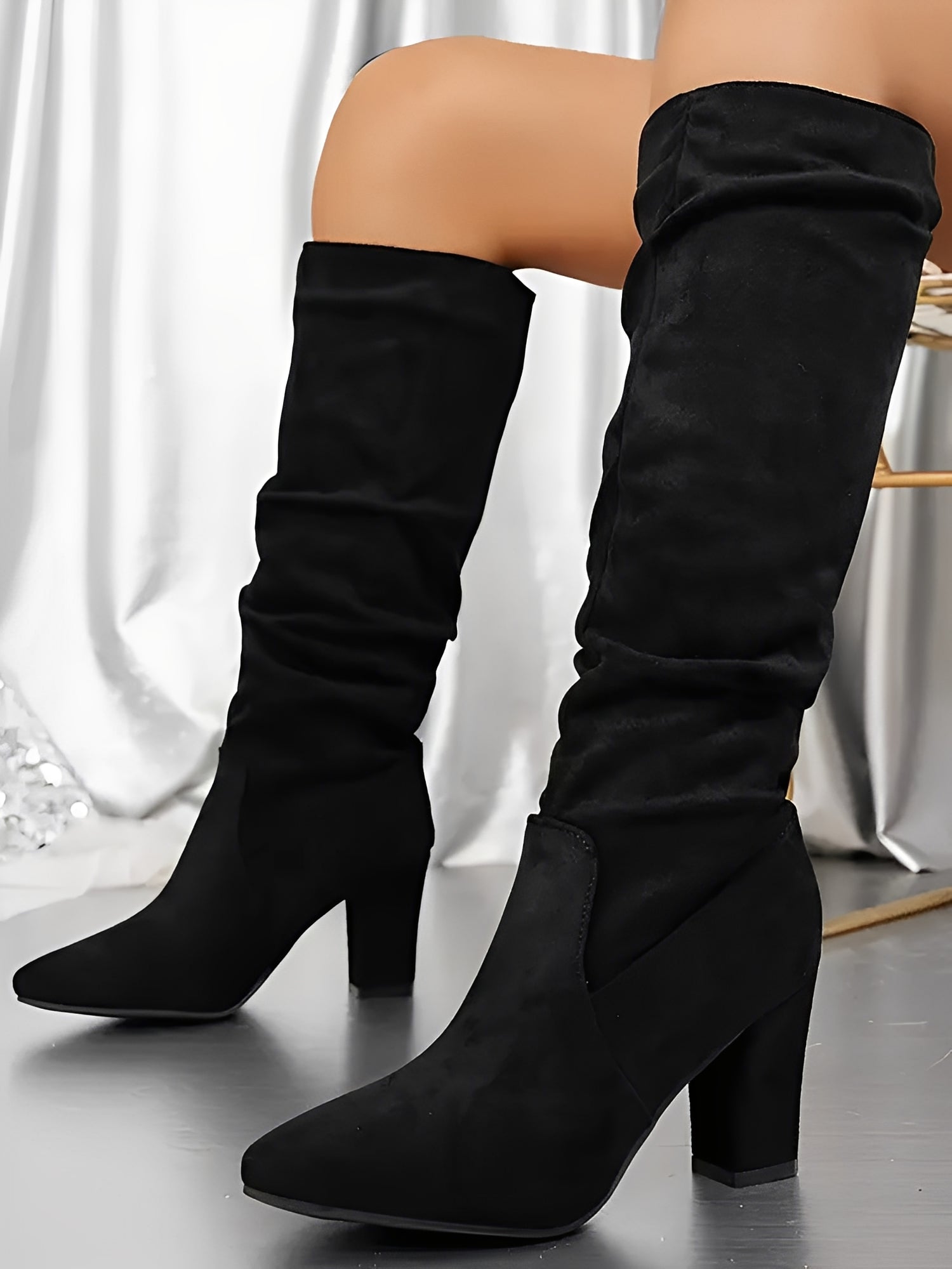 Women’s Slouch Knee-High Block Heel Boots with Side Zip and Rounded Toe