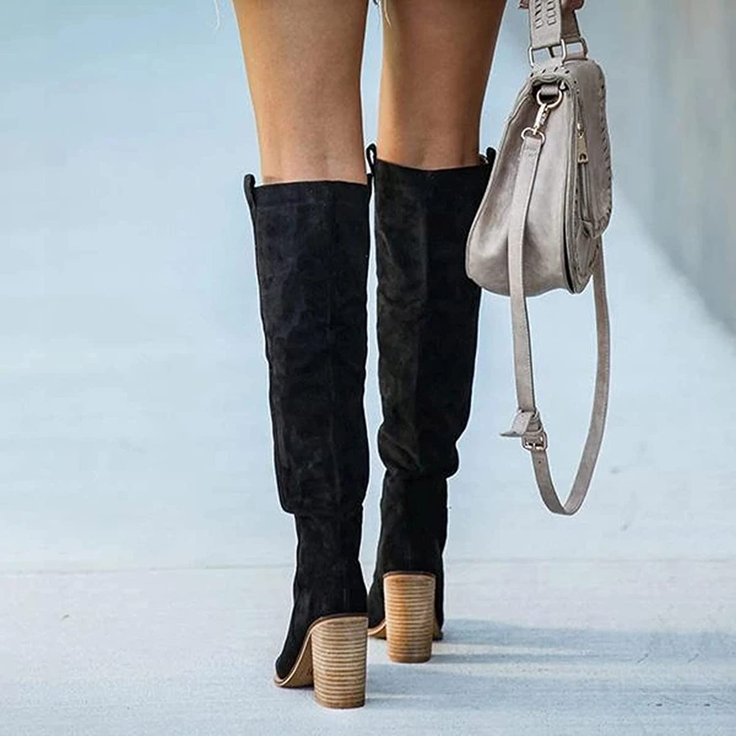 Women’s Knee-High Block Heel Boots with Rounded Toe and Pull Tabs