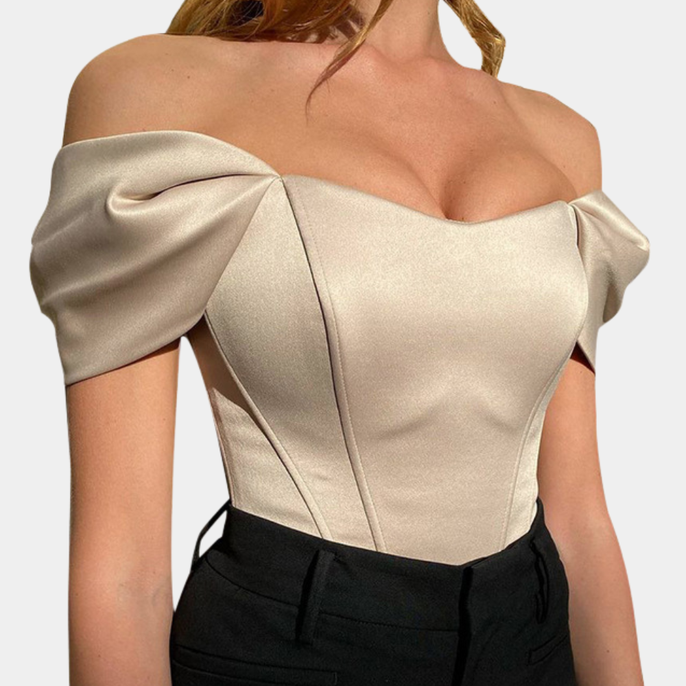 Women's Satin Off Shoulder Puff Sleeve Sweetheart Bodysuit