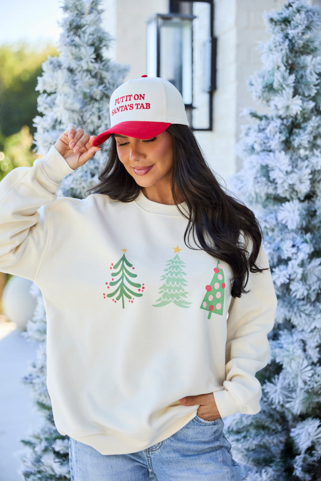 Oversized Pullover Sweatshirt with Christmas Tree Print and Cotton Blend