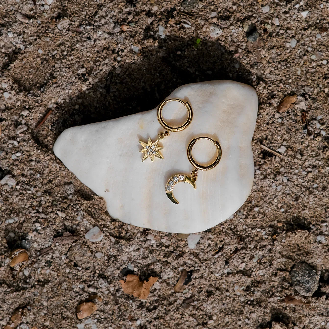 Women's Drop Hoop Earrings - Mismatched Moon Star Crystal Dangles