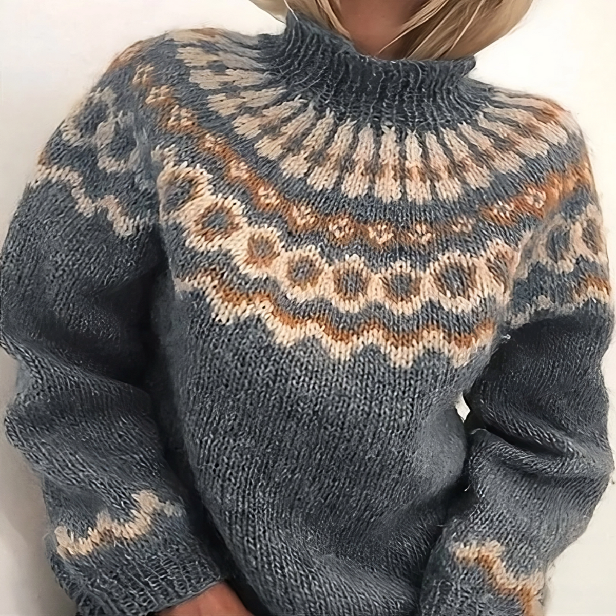 Women's Turtleneck Sweater with Fair Isle Pattern and Dropped Shoulders, Wool Knit
