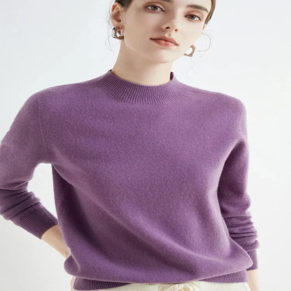 Women's Mock Neck Pullover with Ribbed Detailing and Relaxed Fit