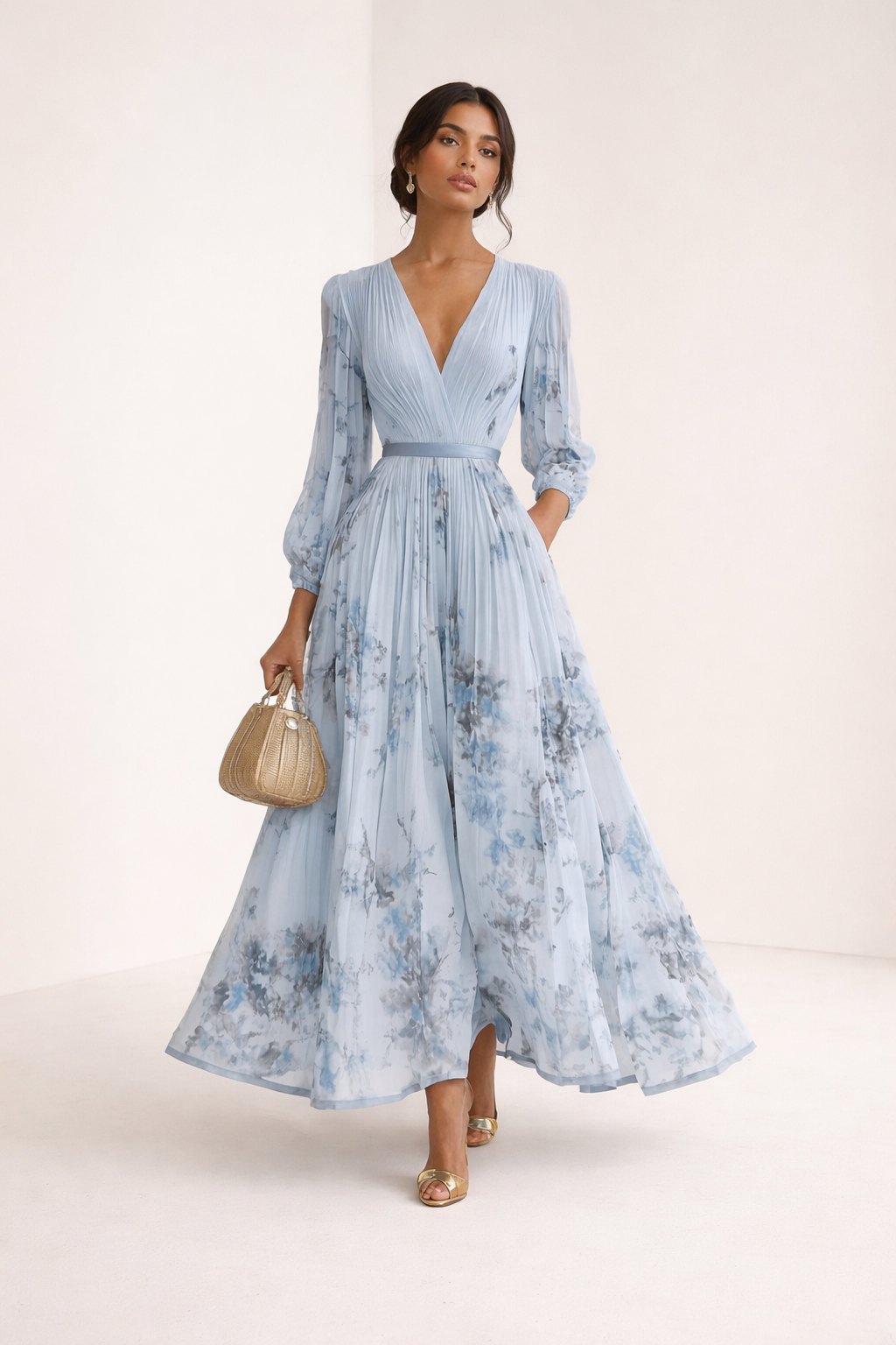Women's Floral Maxi Dress V-Neck Long Sleeve Wrap Style