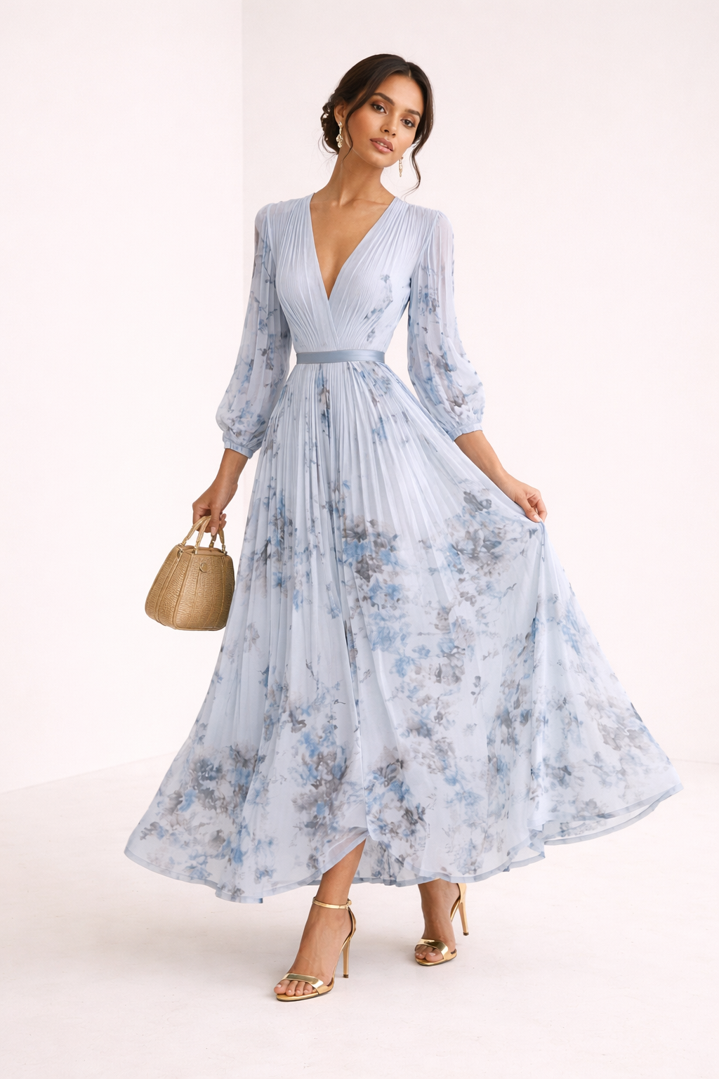 Women's Floral Maxi Dress V-Neck Long Sleeve Wrap Style