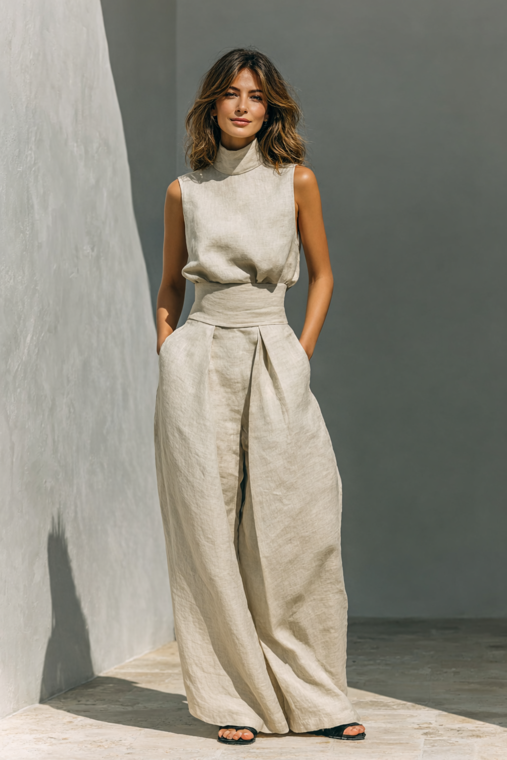 Women's Cotton Linen Jumpsuit Set High Neck