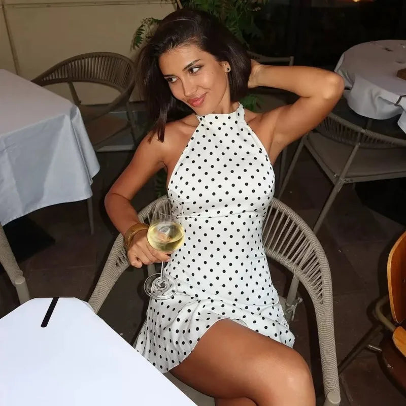 Women's Mini Dress Polka Dot Halter Neck Backless Bodycon