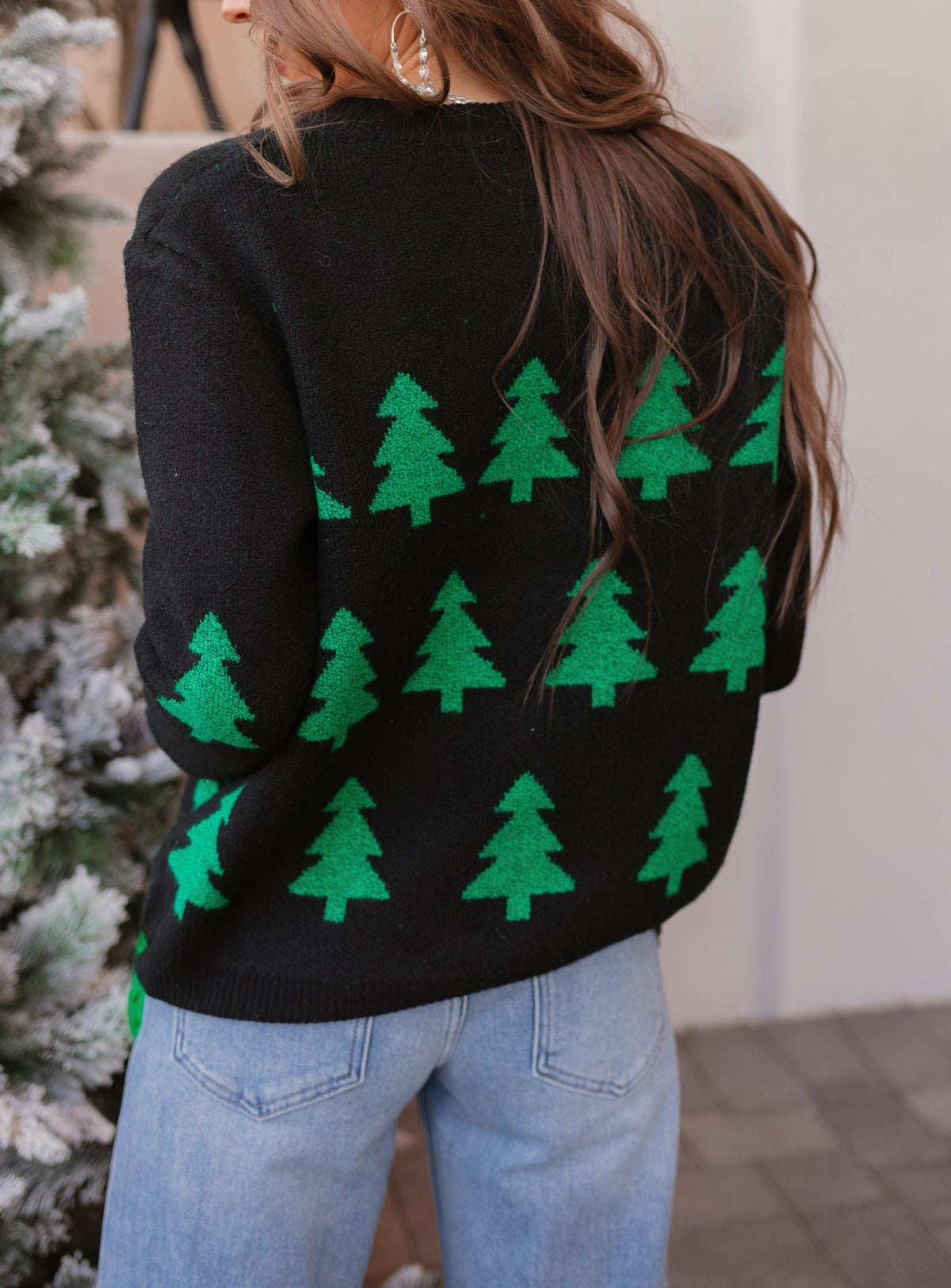 Christmas Tree Knit Sweater with Round Neckline and Ribbed Trim