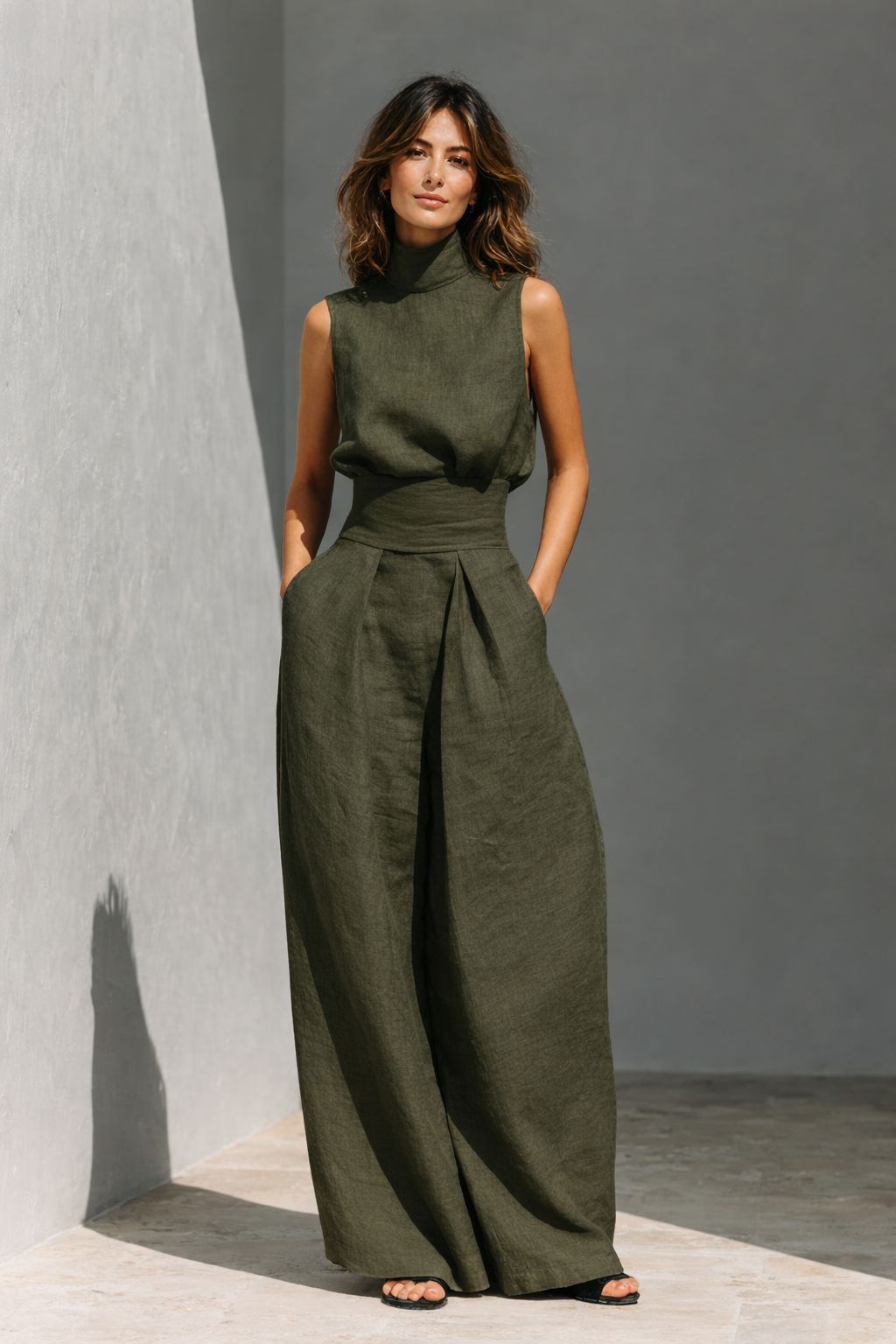 Women's Linen High Neck Tank Top - Wide Leg Palazzo Pants Set