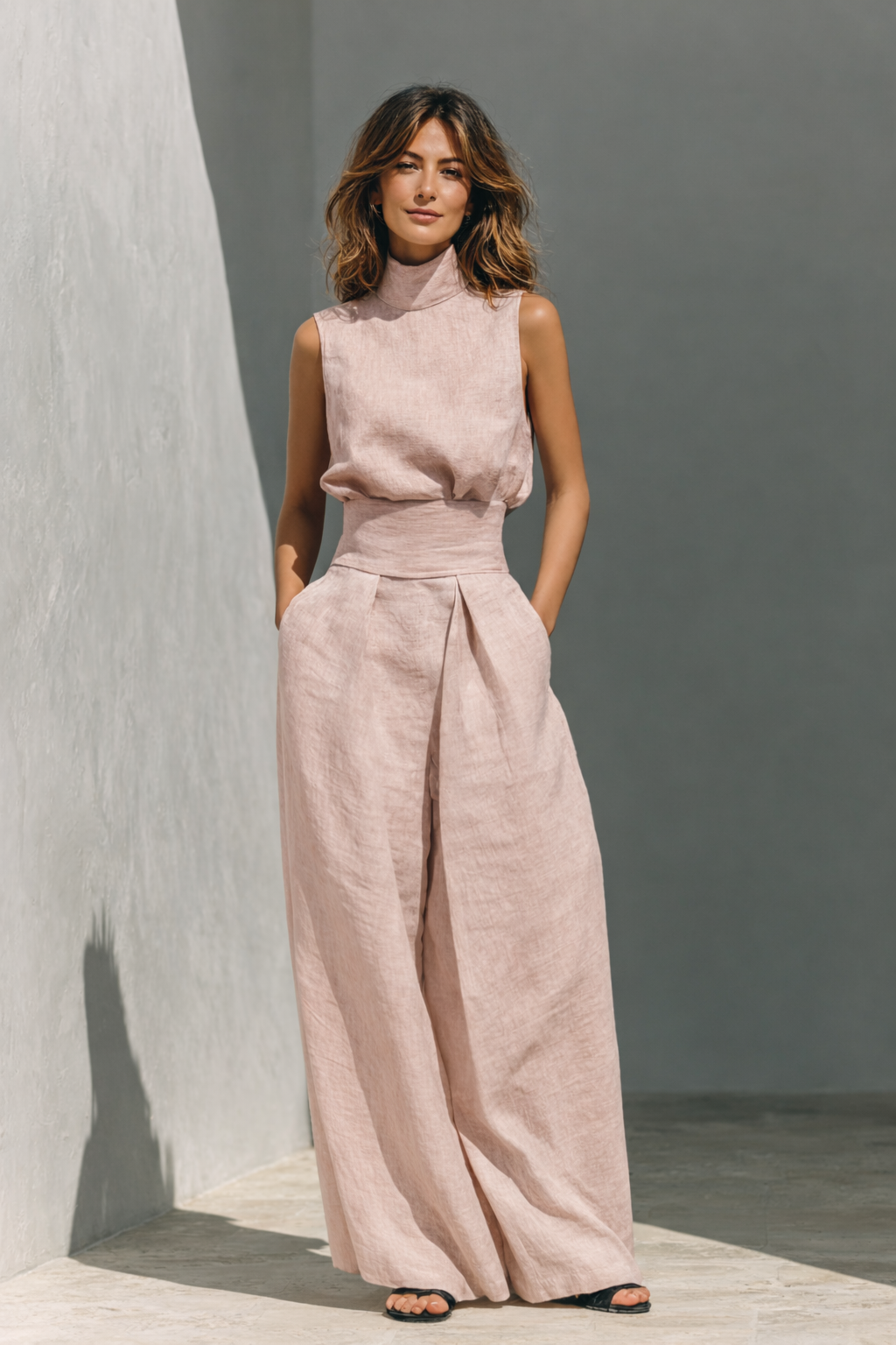 Women's Linen High Neck Tank Top - Wide Leg Palazzo Pants Set
