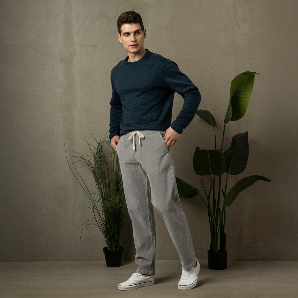 Corduroy Easy Pant Ash full body on model