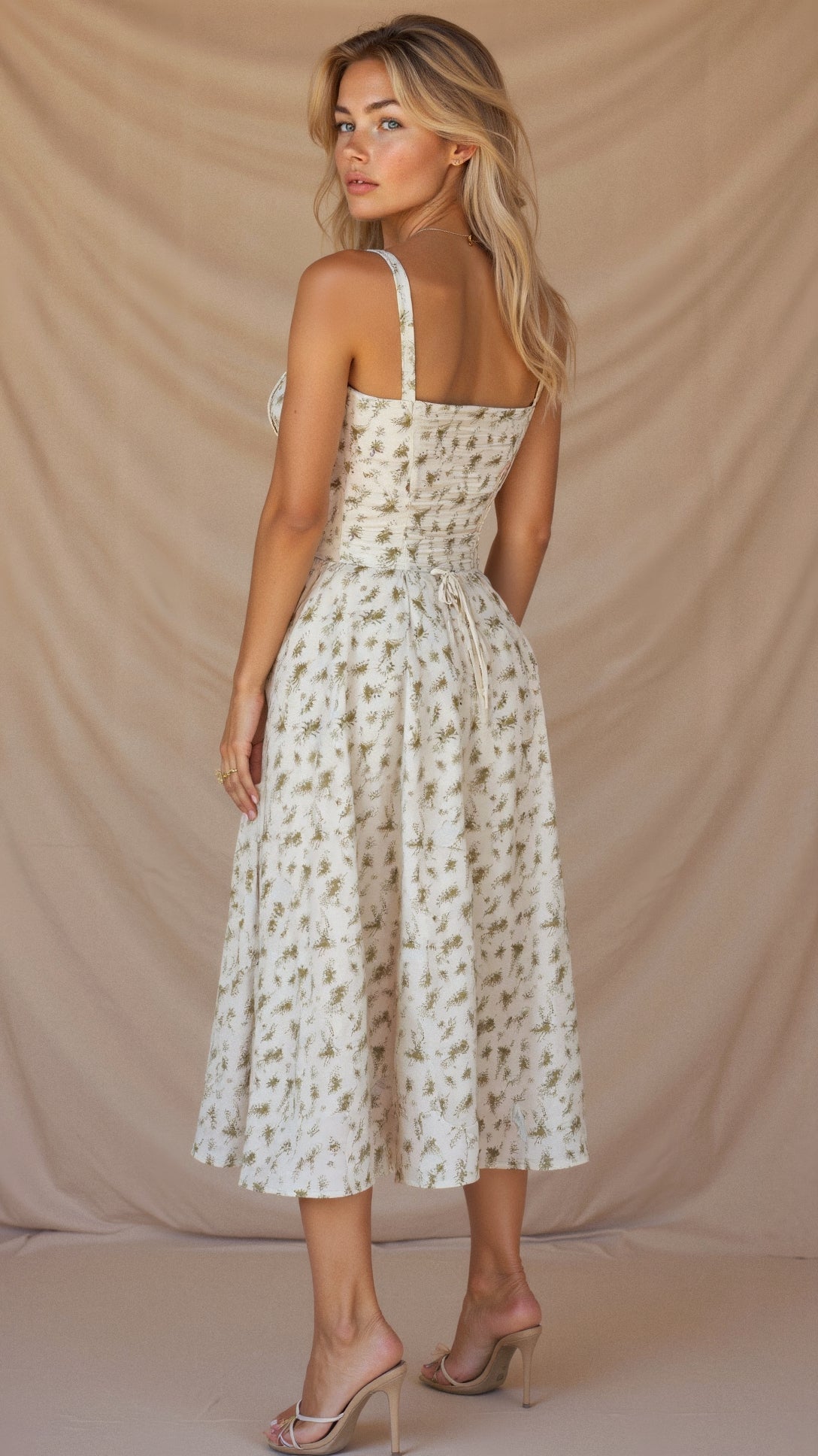 Women’s Floral Corset Midi Dress with Tailored Bodice and Front Slit