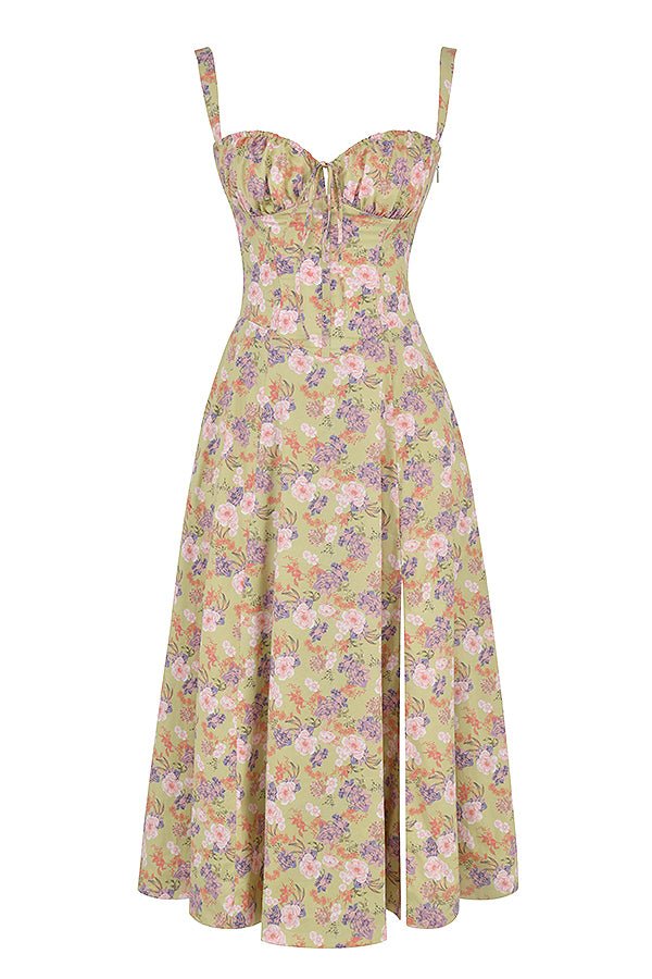 Women’s Floral Corset Midi Dress with Tailored Bodice and Front Slit