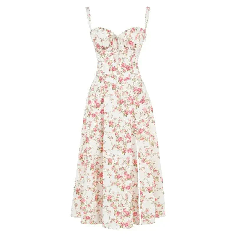 Women’s Floral Corset Midi Dress with Tailored Bodice and Front Slit