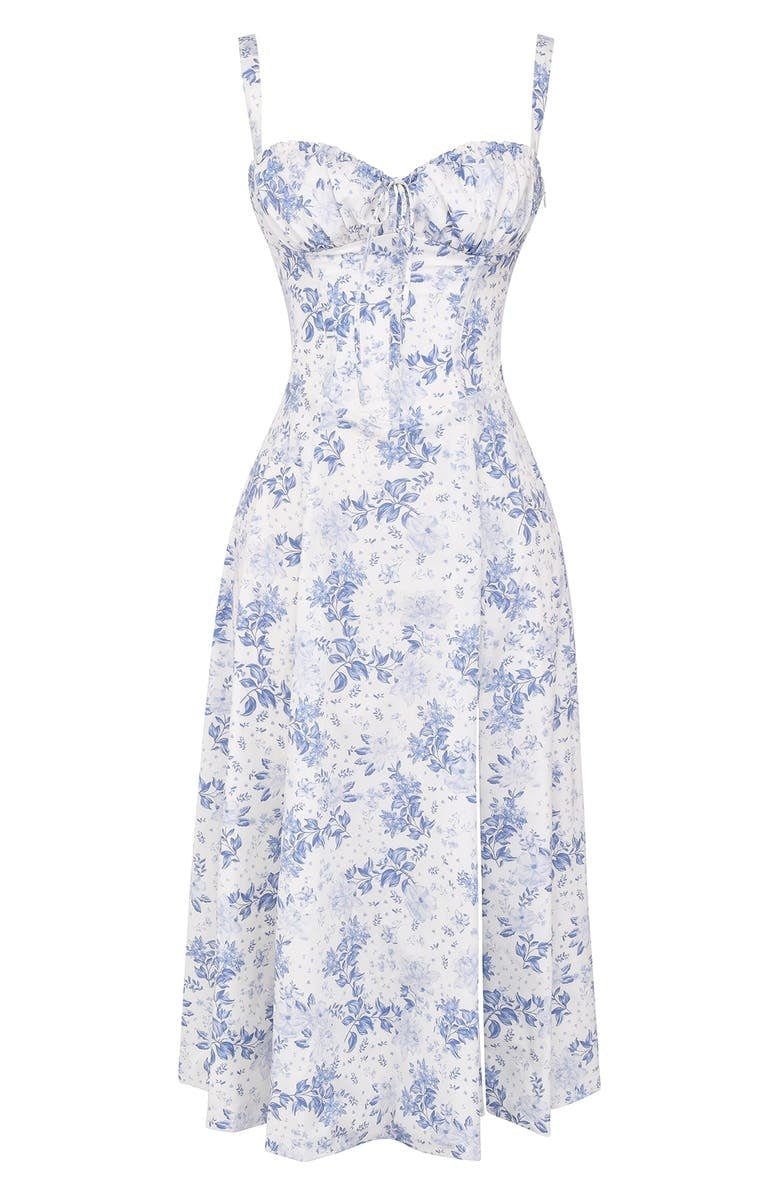 Women’s Floral Corset Midi Dress with Tailored Bodice and Front Slit