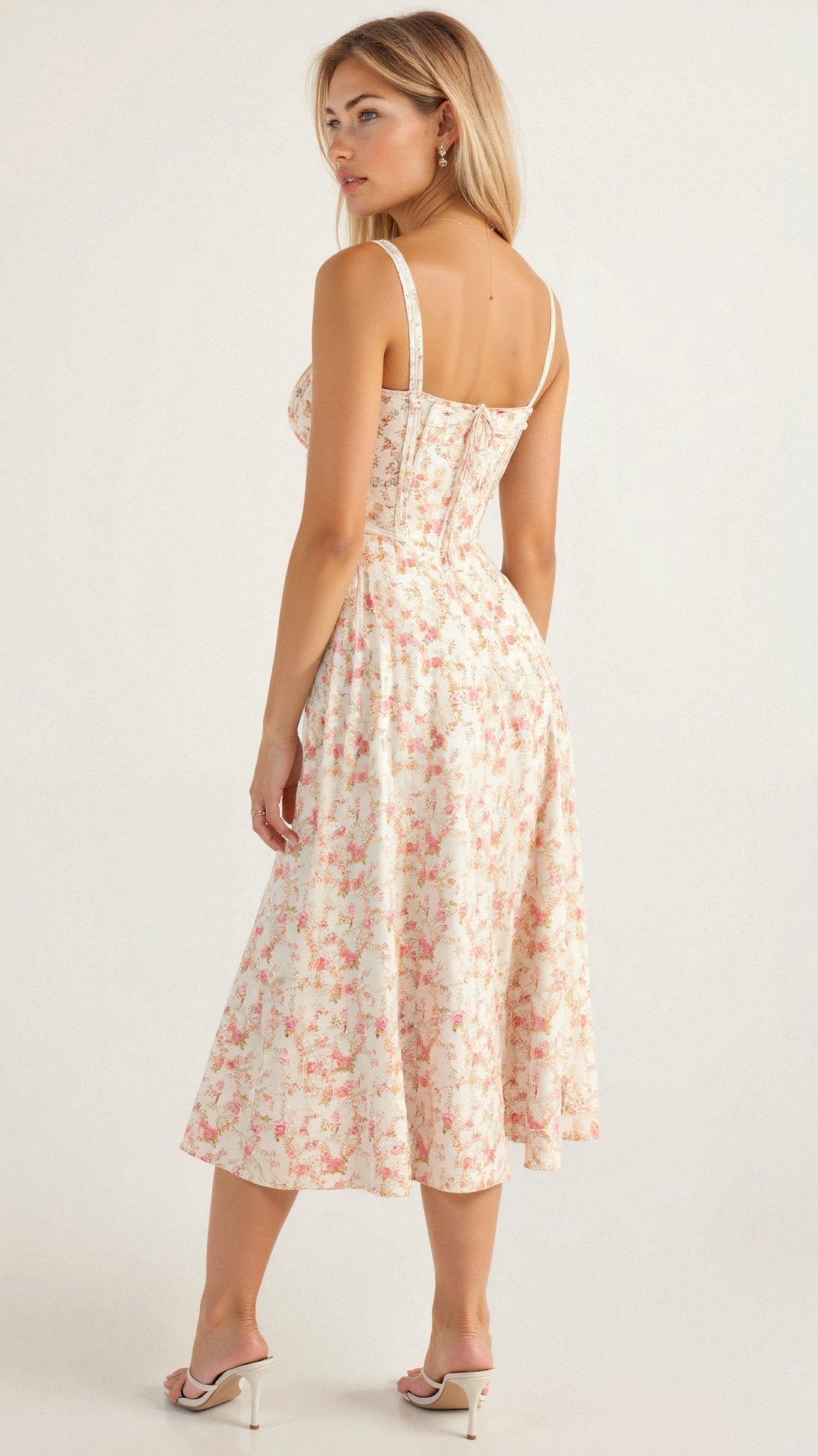 Women’s Floral Corset Midi Dress with Tailored Bodice and Front Slit