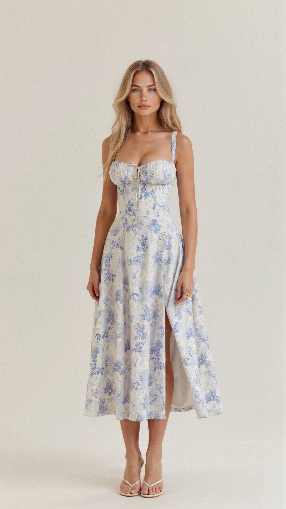 Women’s Floral Corset Midi Dress with Tailored Bodice and Front Slit