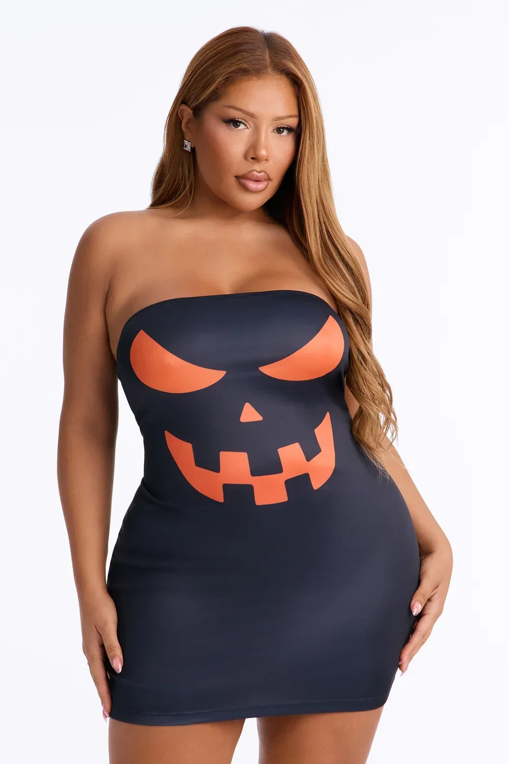 Bodycon Mini Dress with Pumpkin Face Print and Long Sleeves for Halloween