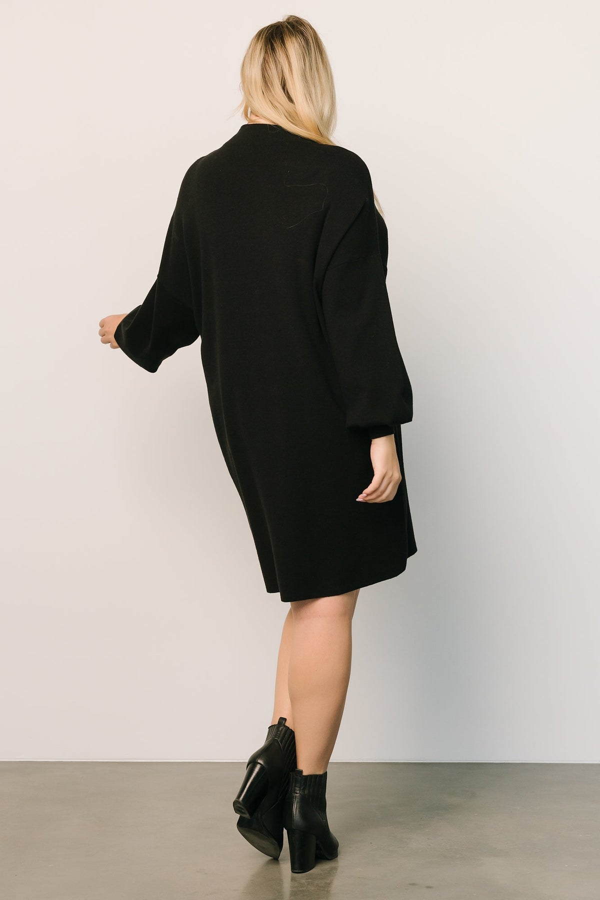 Mock Neck Sweater Dress with Bubble Sleeves and Viscose Blend Knit, Above Knee