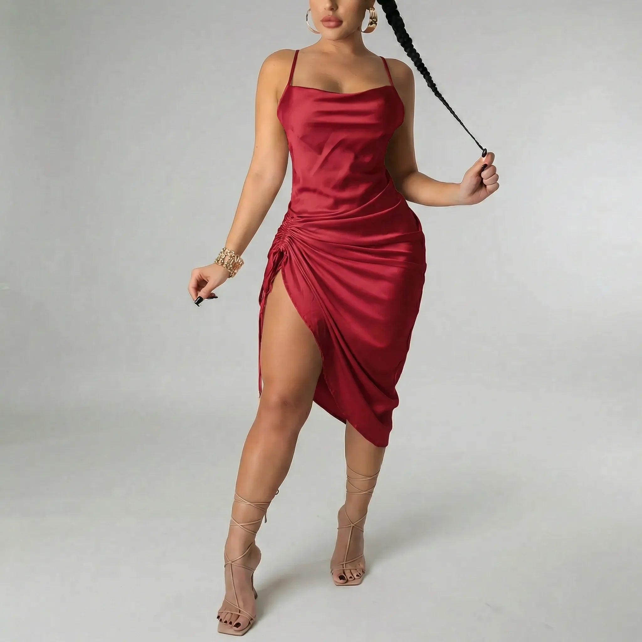 Women's Satin Cowl Neck Spaghetti Strap Ruched Drawstring Midi Dress