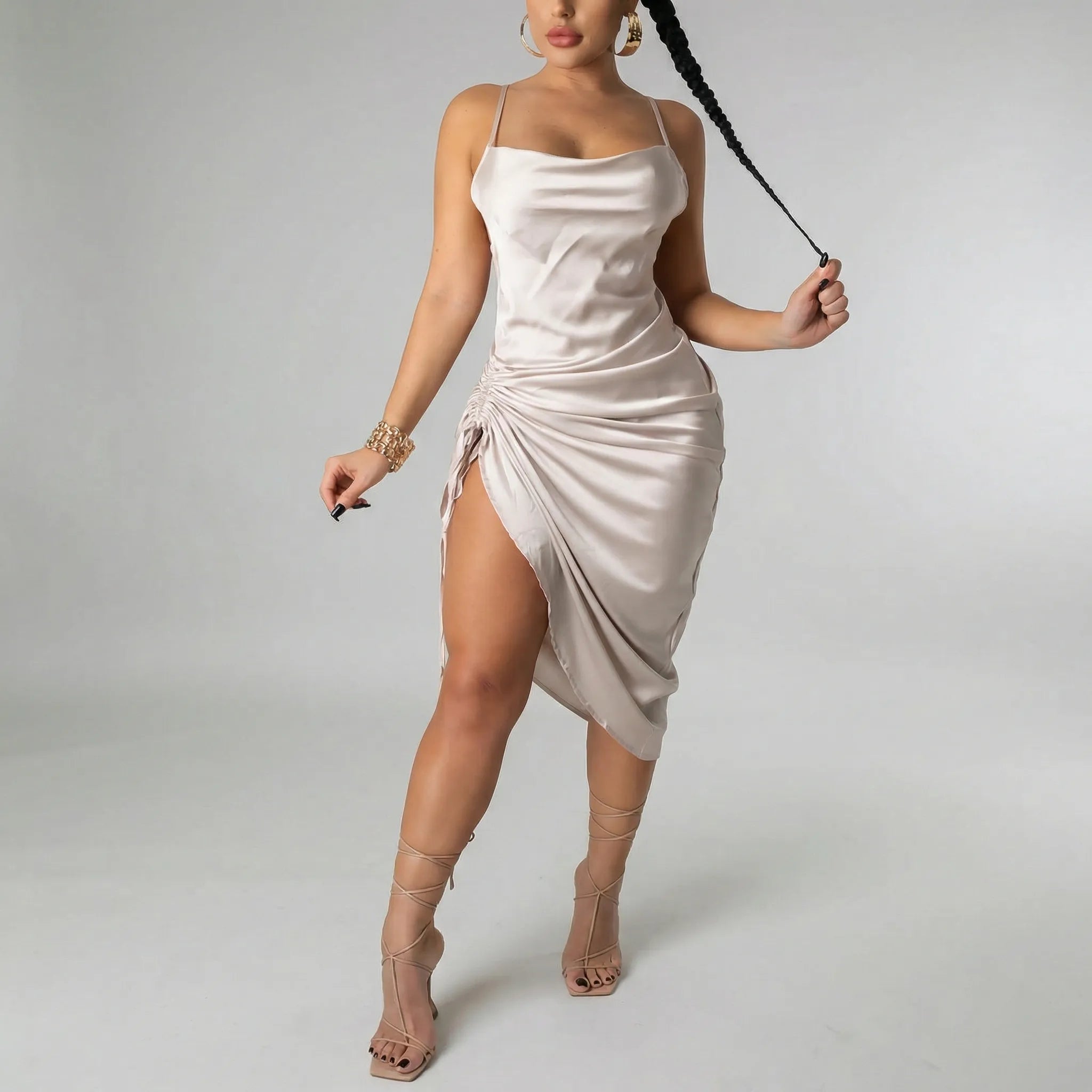 Women's Satin Cowl Neck Spaghetti Strap Ruched Drawstring Midi Dress