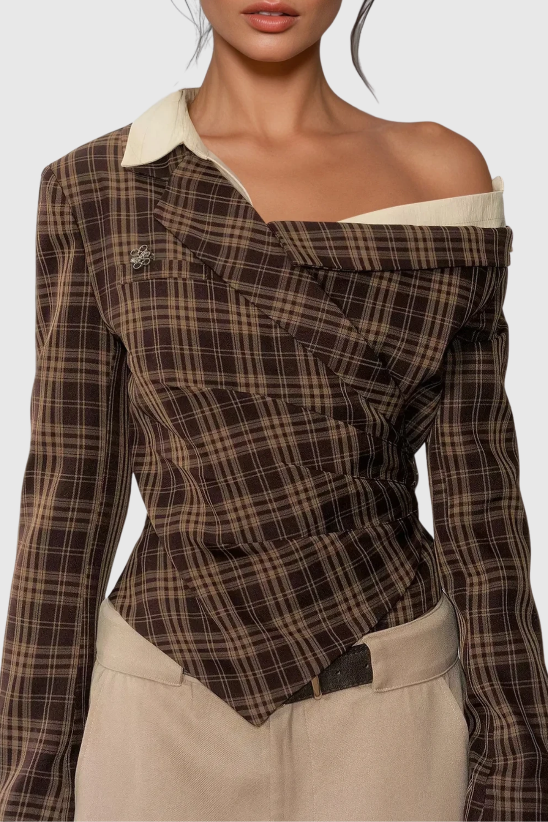 Women's Grid Print One Shoulder Long Sleeve Fitted Top