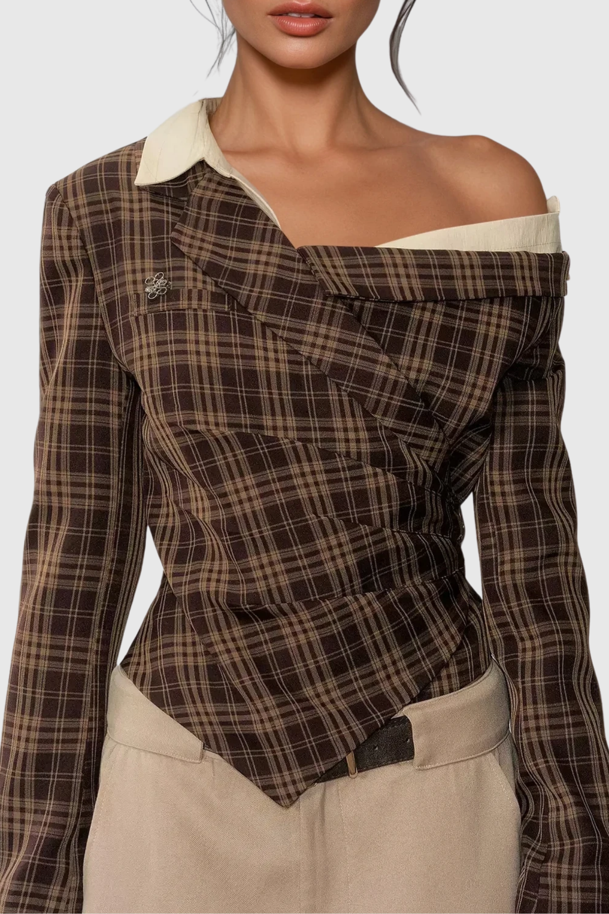 Women's Grid Print One Shoulder Long Sleeve Fitted Top