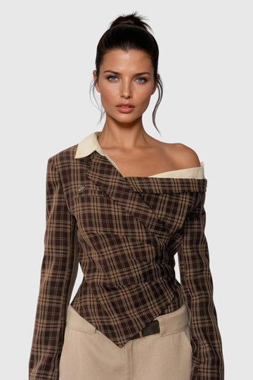 Women's Grid Print One Shoulder Long Sleeve Fitted Top