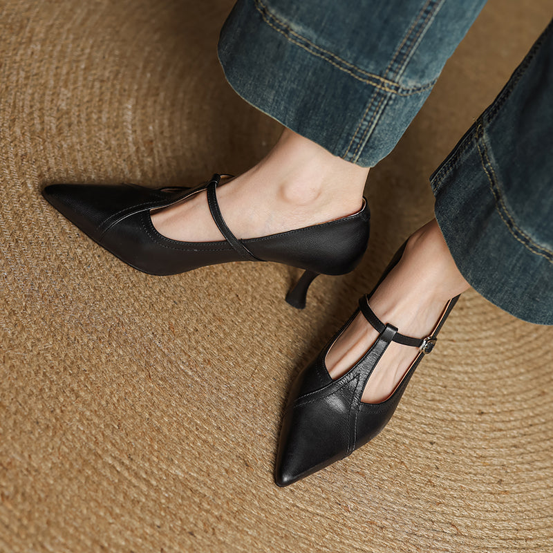 Women’s Pointed Toe Heels with T-Bar Strap and Slim Heel