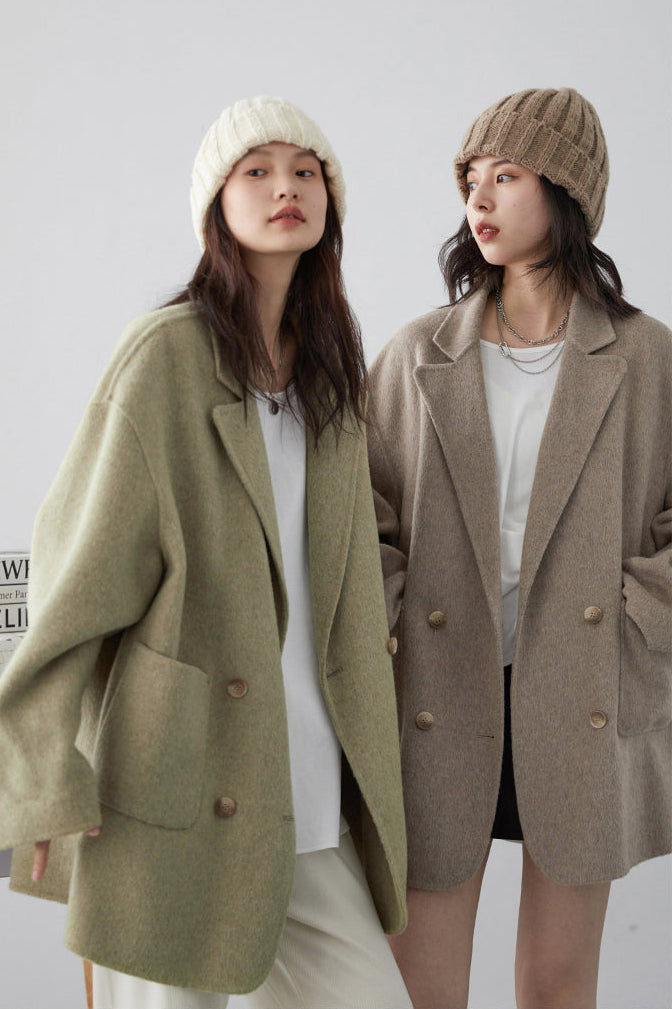 Double Breasted Polyester Coat with Loose Draping Silhouette and Double Sided Construction for Women