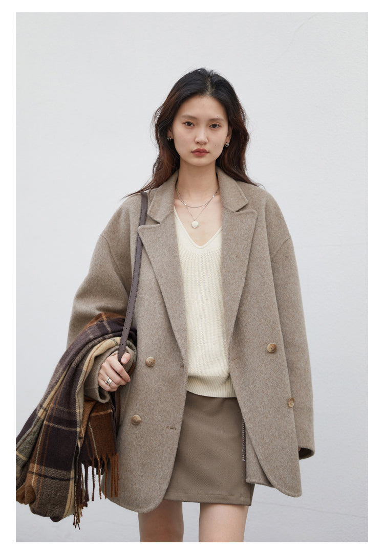 Double Breasted Polyester Coat with Loose Draping Silhouette and Double Sided Construction for Women