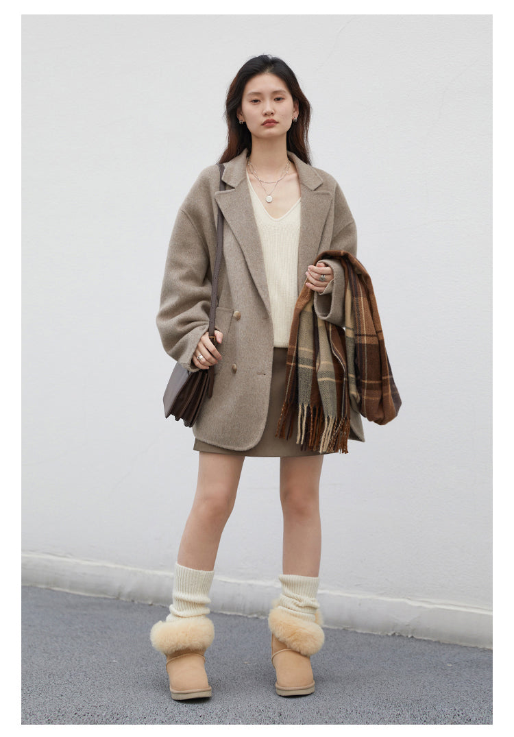 Double Breasted Polyester Coat with Loose Draping Silhouette and Double Sided Construction for Women
