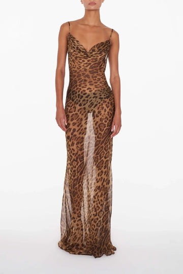 Women's Leopard Print Sheer Spaghetti Strap Tie Back Maxi Dress