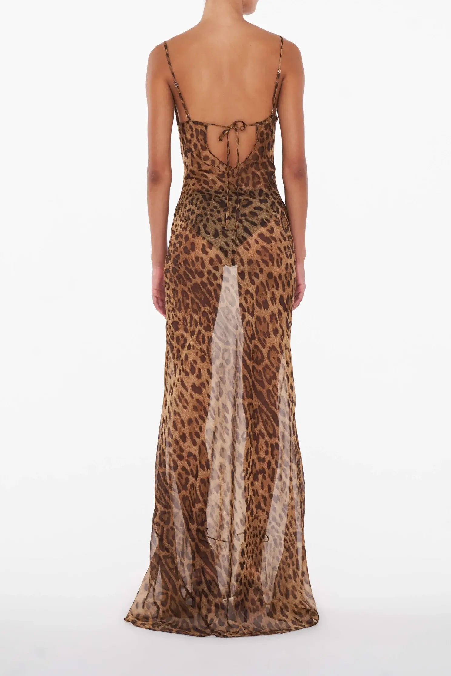 Women's Leopard Print Sheer Spaghetti Strap Tie Back Maxi Dress