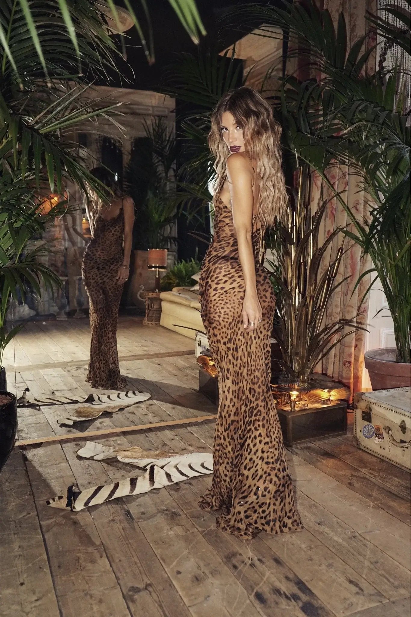 Women's Leopard Print Sheer Spaghetti Strap Tie Back Maxi Dress