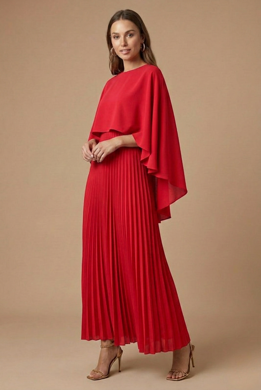 Elegant Pleated Maxi Dress with Cape Overlay and Flowing Silhouette
