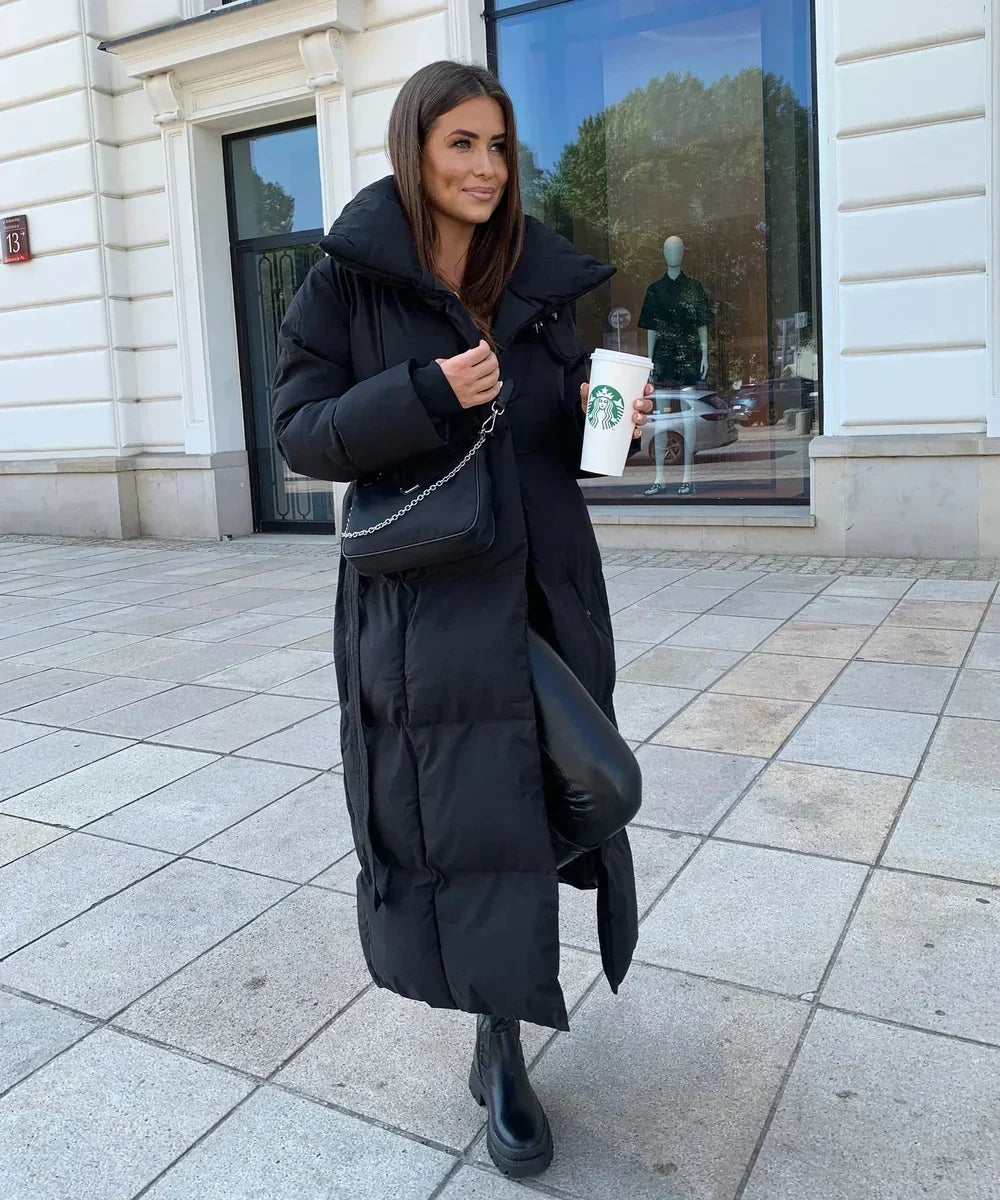 Long Quilted Puffer Coat with Adjustable Belt and High Stand Collar