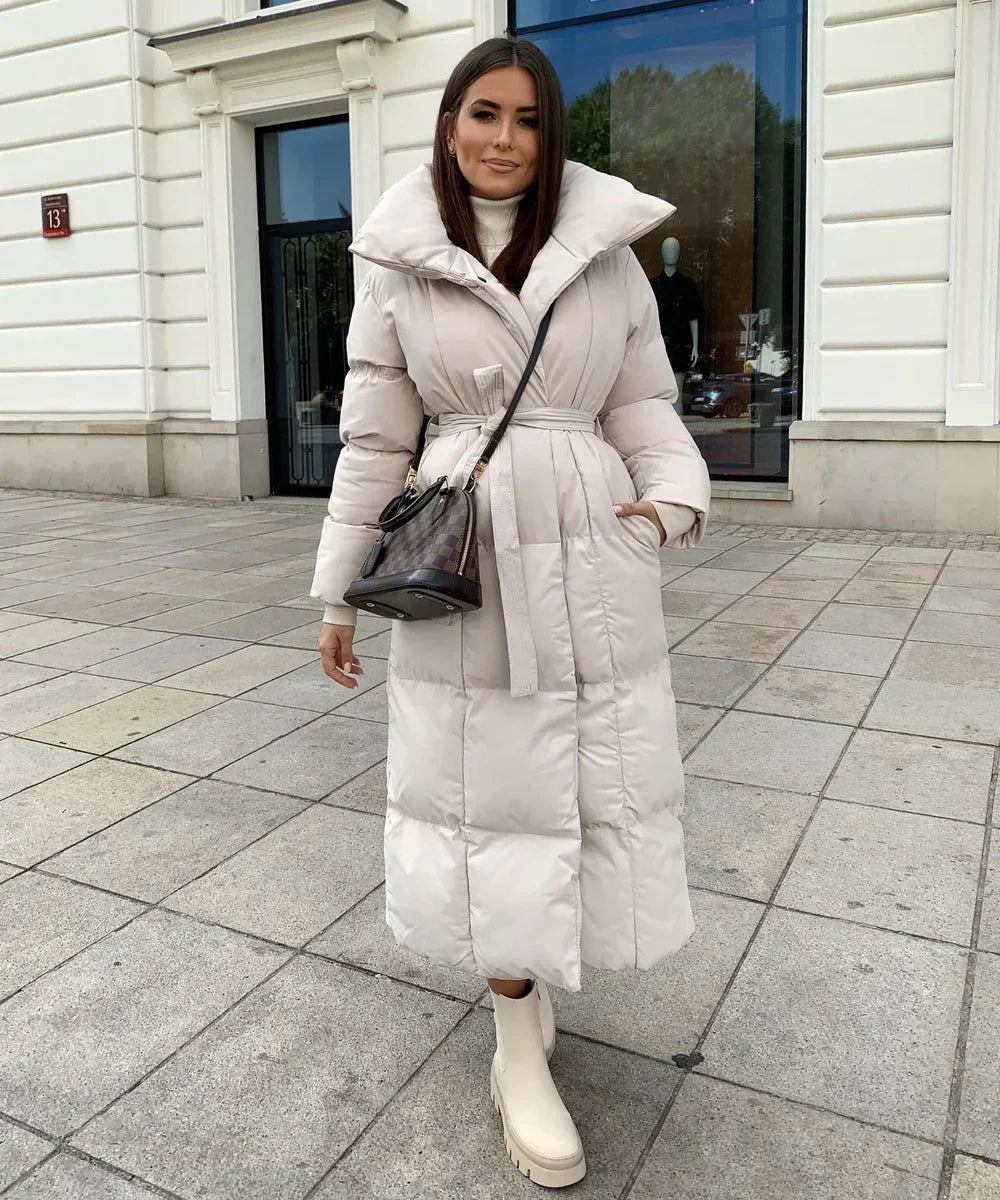 Long Quilted Puffer Coat with Adjustable Belt and High Stand Collar