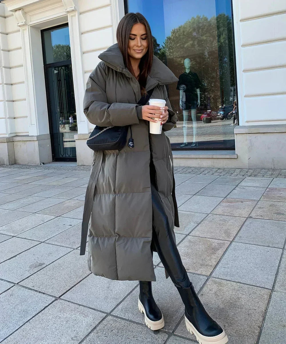 Long Quilted Puffer Coat with Adjustable Belt and High Stand Collar