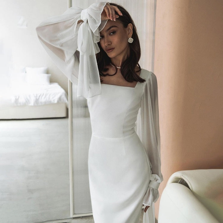 Women's Square Neck Chiffon Puff Sleeve Tie Cuff Maxi Dress