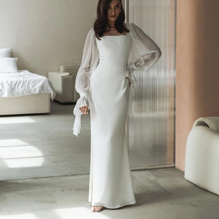 Women's Square Neck Chiffon Puff Sleeve Tie Cuff Maxi Dress