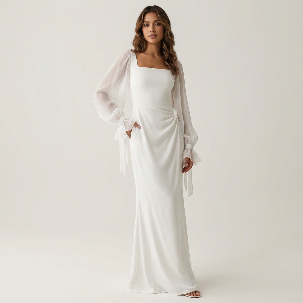 Women's Square Neck Chiffon Puff Sleeve Tie Cuff Maxi Dress