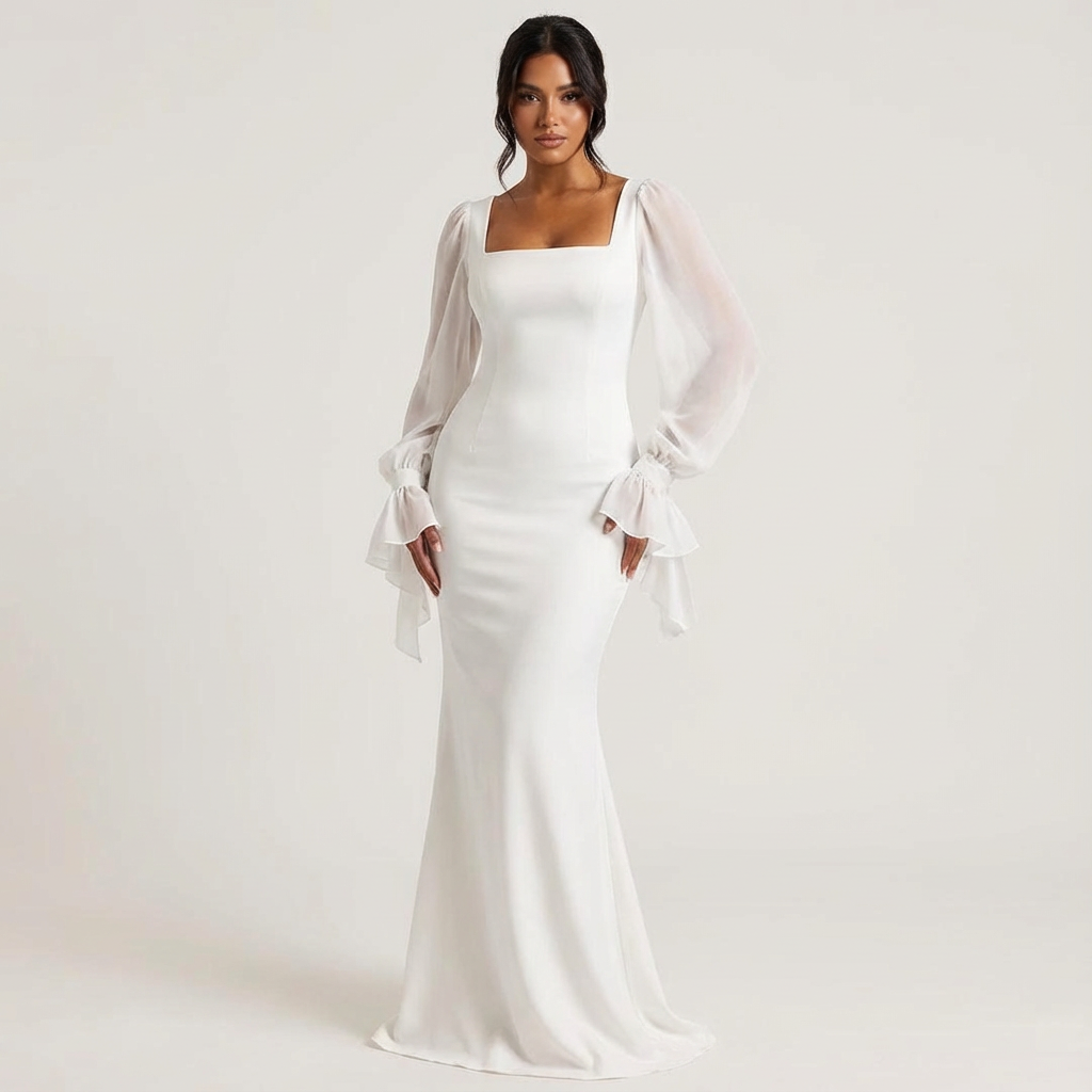 Women's Square Neck Chiffon Puff Sleeve Tie Cuff Maxi Dress