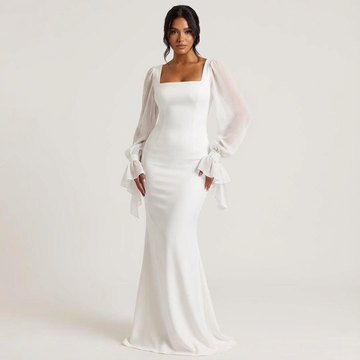 Women's Square Neck Chiffon Puff Sleeve Tie Cuff Maxi Dress