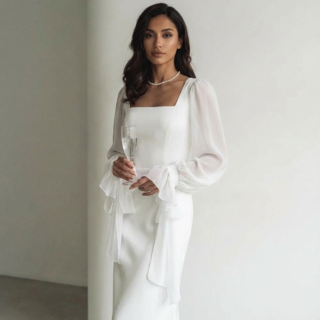 Women's Square Neck Chiffon Puff Sleeve Tie Cuff Maxi Dress