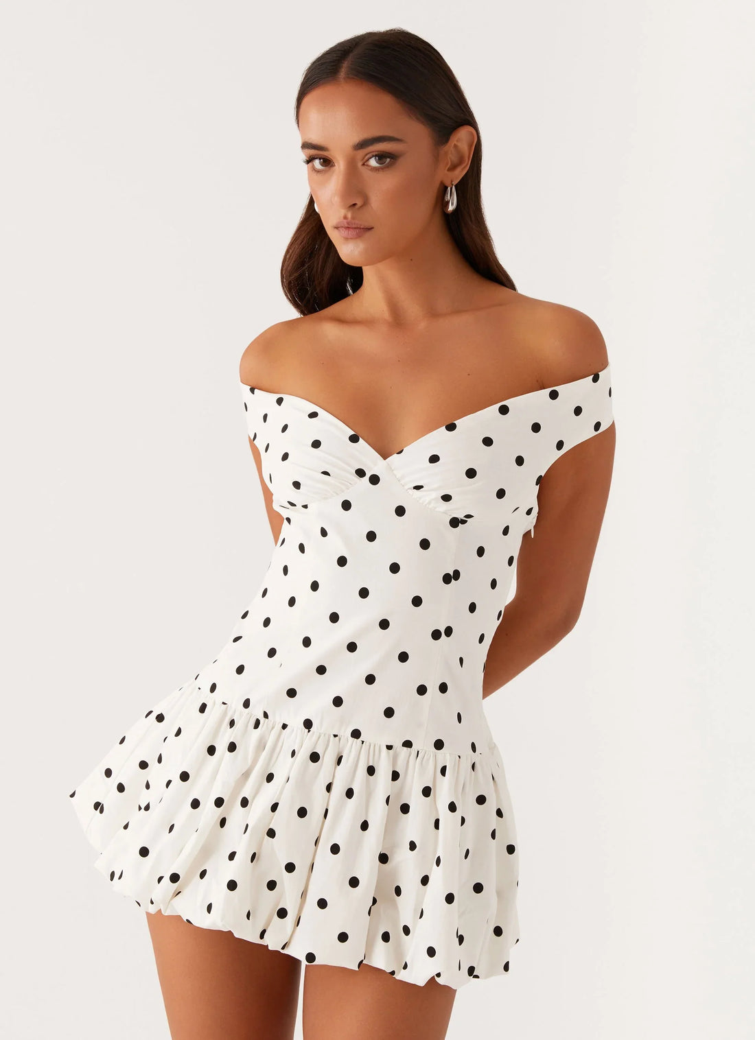 Women's Off-Shoulder Polka Dot Peplum Mini Dress - Backless