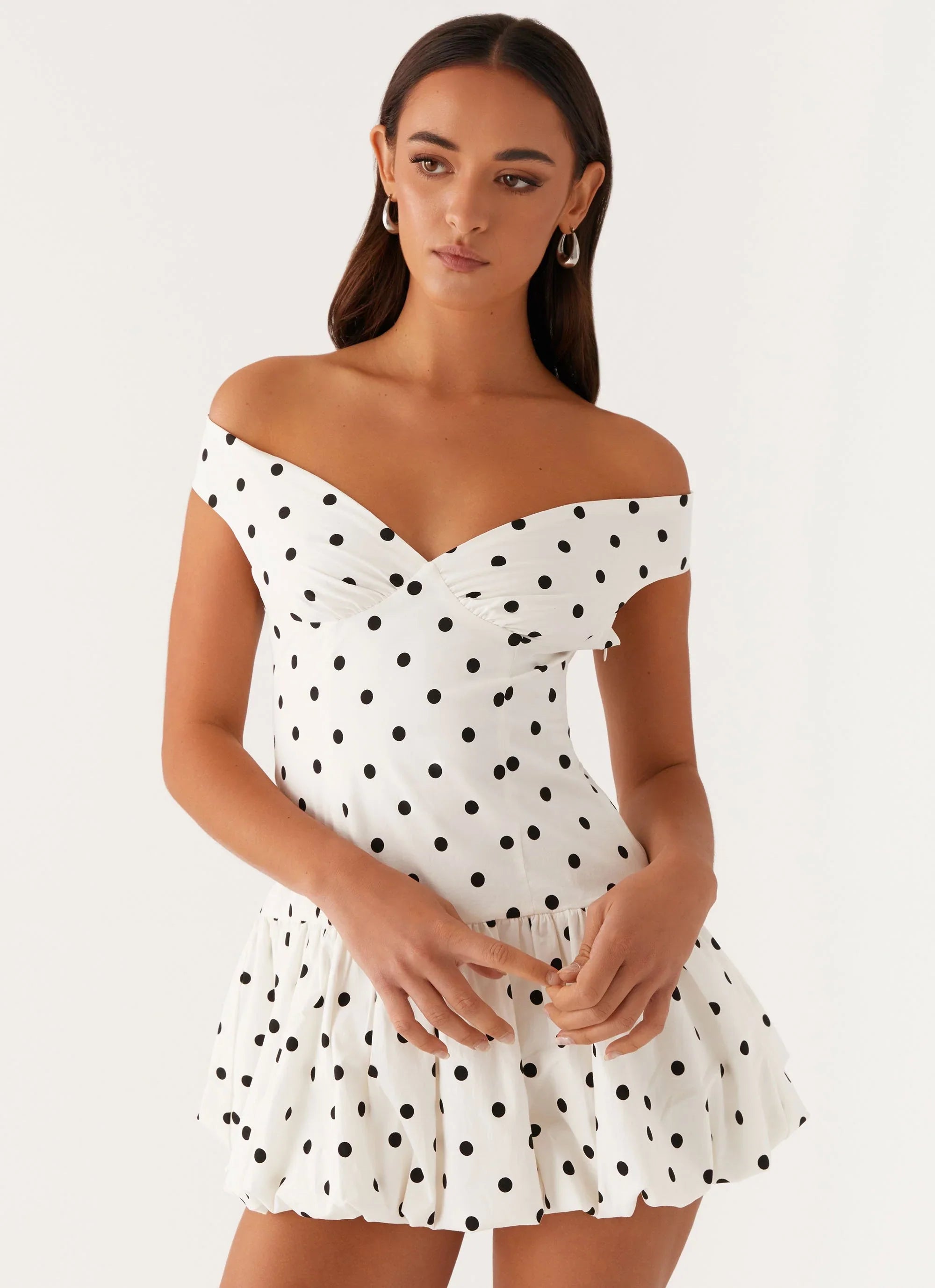 Women's Off-Shoulder Polka Dot Peplum Mini Dress - Backless