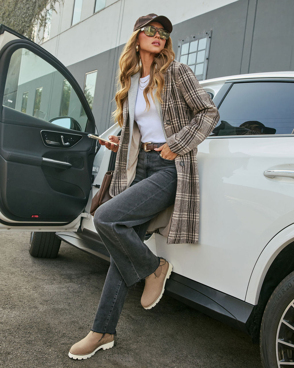 Plaid Coat with Attached Hood and Inner Zipper Hoodie, Wool Blend
